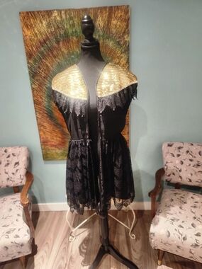 Black Lace Dress with Gold Sequin Capelet